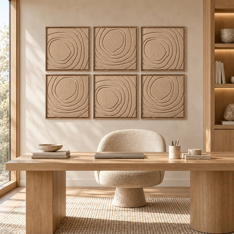 Interior with FeltArt 'Aura' set of 6 panels in the color pale sand, 60x60.