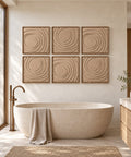 Interior with FeltArt 'Aura' set of 6 panels in the color pale sand, 60x60, second view.