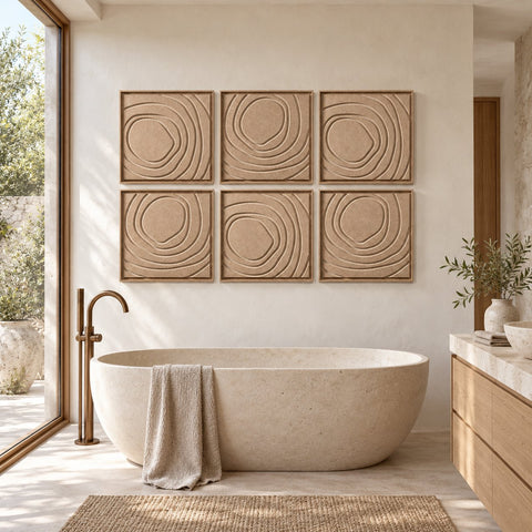 Interior with FeltArt 'Aura' set of 6 panels in the color pale sand, 60x60, second view.