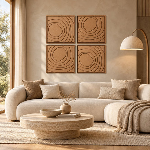Interior with FeltArt 'Aura' set of 4 panels in the color soft dune, 60x60, second view.