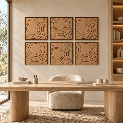 Interior with FeltArt 'Aura' set of 6 panels in the color soft dune, 60x60.
