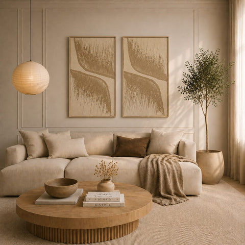 Interior with FeltArt 'Botany' in the color pale sand, 70x110.
