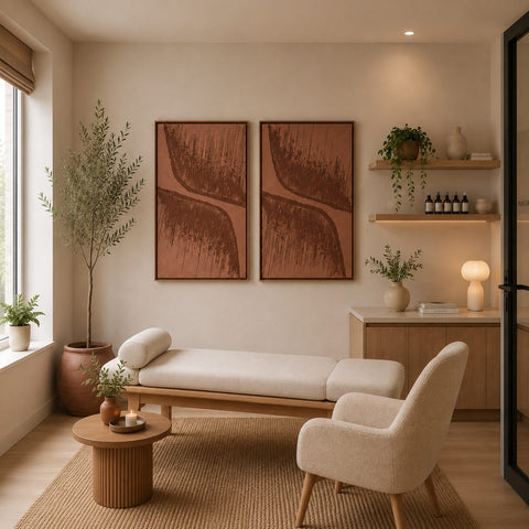 Interior with FeltArt 'Botany' in the color terra bloom, 70x110.