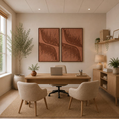 Interior with FeltArt 'Botany' in the color terra bloom, 70x110.
