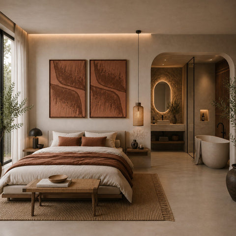 Interior with FeltArt 'Botany' in the color terra bloom, 70x110.