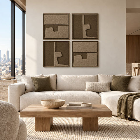 Interior with FeltArt 'Estile' set of 4 panels in the color olive mist, 60x60, second view.