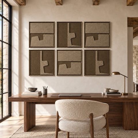 Interior with FeltArt 'Estile' set of 6 panels in the color olive mist, 60x60.
