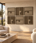 Interior with FeltArt 'Estile' set of 6 panels in the color olive mist, 60x60, second view.