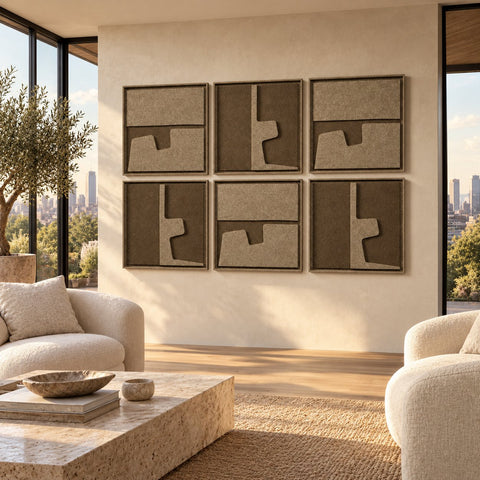 Interior with FeltArt 'Estile' set of 6 panels in the color olive mist, 60x60, second view.