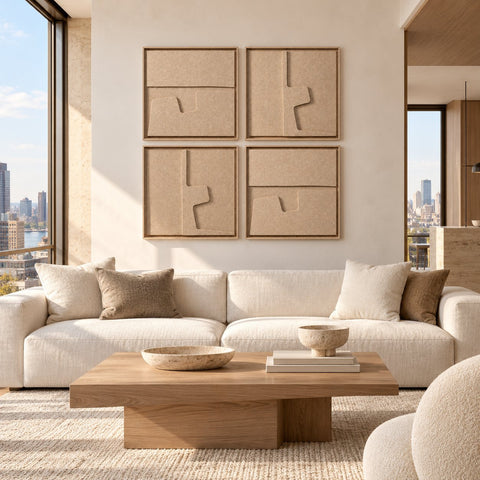 Interior with FeltArt 'Estile' set of 4 panels in the color pale sand, 60x60.