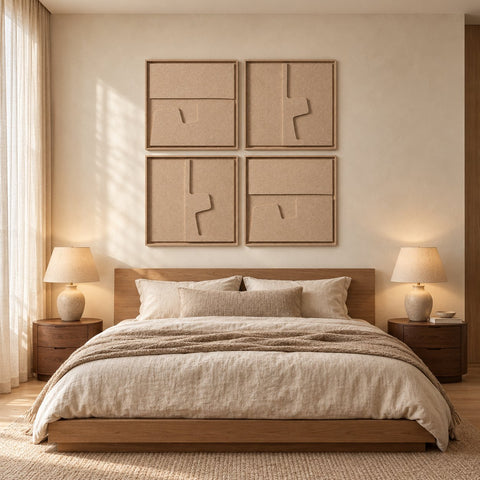 Interior with FeltArt 'Estile' set of 4 panels in the color pale sand, 60x60, second view.