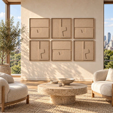 Interior with FeltArt 'Estile' set of 6 panels in the color pale sand, 60x60.