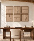 Interior with FeltArt 'Estile' set of 6 panels in the color pale sand, 60x60, second view.