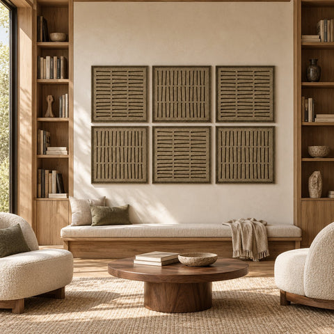 Interior with FeltArt 'Harmoni' set of 6 panels in the color olive mist, 60x60, second view.