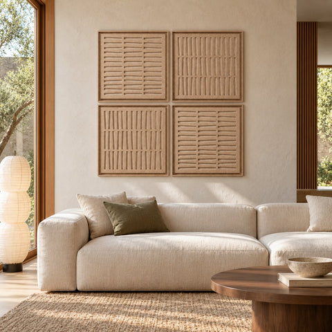 Interior with FeltArt 'Harmoni' set of 4 panels in the color pale sand, 60x60, second view.