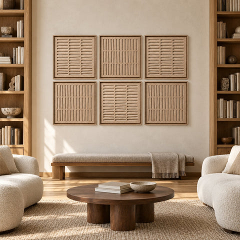 Interior with FeltArt 'Harmoni' set of 6 panels in the color pale sand, 60x60.
