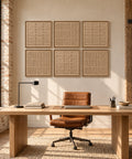 Interior with FeltArt 'Harmoni' set of 6 panels in the color pale sand, 60x60, second view.