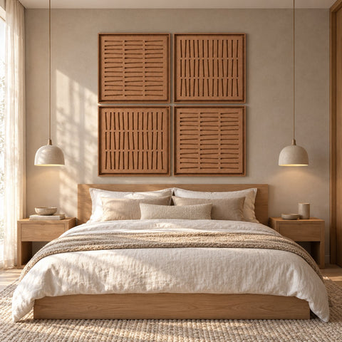Interior with FeltArt 'Harmoni' set of 4 panels in the color soft dune, 60x60.