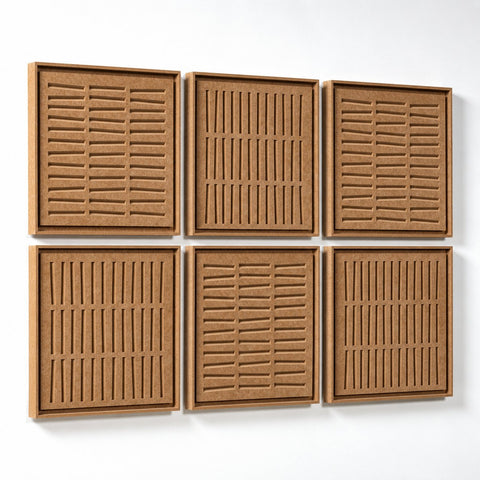 Side view of FeltArt 'Harmoni' set of 6 panels in the color soft dune, 60x60.