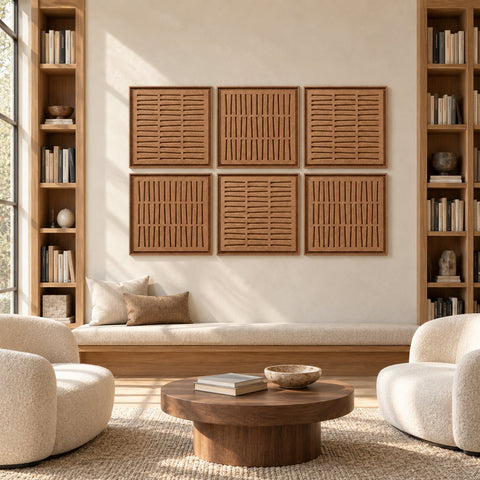 Interior with FeltArt 'Harmoni' set of 6 panels in the color soft dune, 60x60.