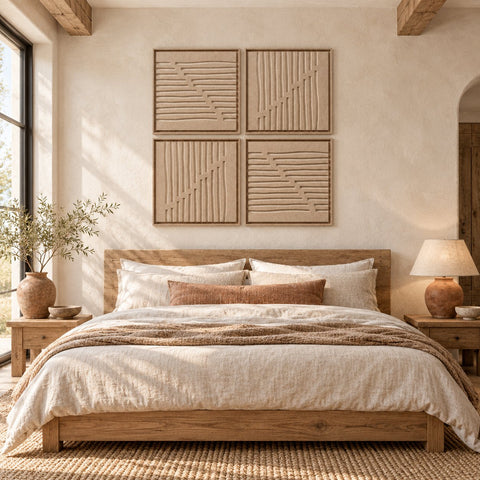 Interior with FeltArt 'Linoa' set of 4 panels in the color pale sand, 60x60.