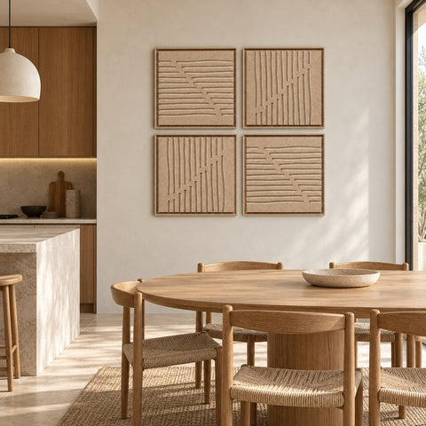 Interior with FeltArt 'Linoa' set of 4 panels in the color pale sand, 60x60, second view.