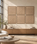 Interior with FeltArt 'Linoa' set of 6 panels in the color pale sand, 60x60, second view.