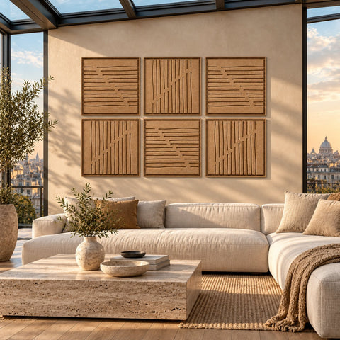 Interior with FeltArt 'Linoa' set of 6 panels in the color soft dune, 60x60.