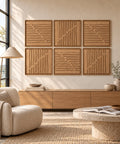 Interior with FeltArt 'Linoa' set of 6 panels in the color soft dune, 60x60, second view.