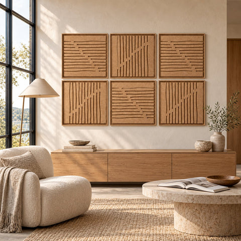 Interior with FeltArt 'Linoa' set of 6 panels in the color soft dune, 60x60, second view.
