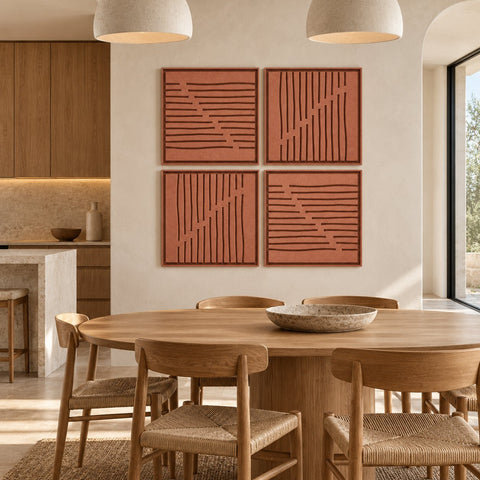 Interior with FeltArt 'Linoa' set of 4 panels in the color terra bloom, 60x60, second view.