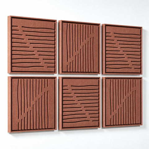 Side view of FeltArt 'Linoa' set of 6 panels in the color terra bloom, 60x60.