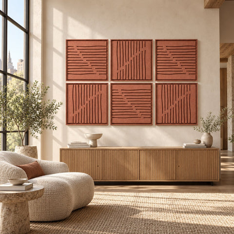 Interior with FeltArt 'Linoa' set of 6 panels in the color terra bloom, 60x60.