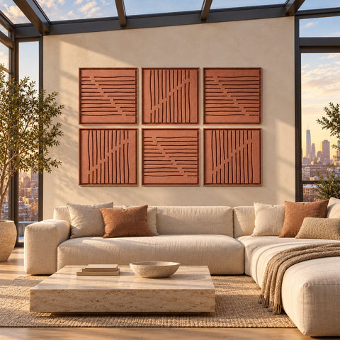 Interior with FeltArt 'Linoa' set of 6 panels in the color terra bloom, 60x60, second view.