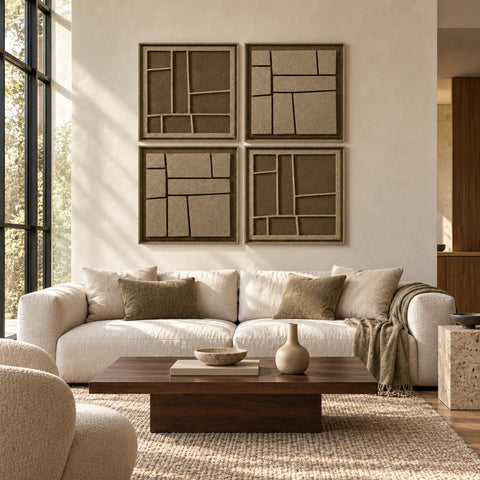 Interior with FeltArt 'Modura' set of 4 panels in the color olive mist, 60x60.