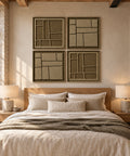 Interior with FeltArt 'Modura' set of 4 panels in the color olive mist, 60x60, second view.