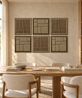 Interior with FeltArt 'Modura' set of 6 panels in the color olive mist, 60x60, second view.
