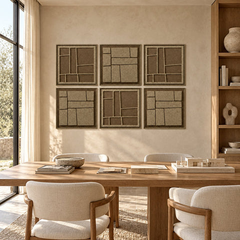 Interior with FeltArt 'Modura' set of 6 panels in the color olive mist, 60x60, second view.