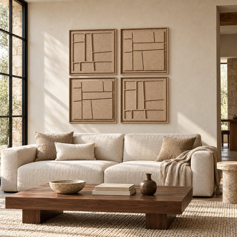 Interior with FeltArt 'Modura' set of 4 panels in the color pale sand, 60x60.