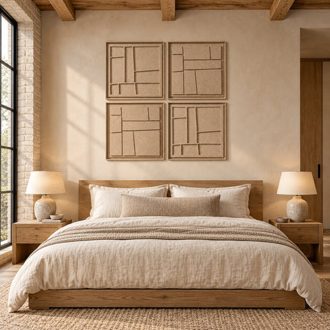 Interior with FeltArt 'Modura' set of 4 panels in the color pale sand, 60x60, second view.