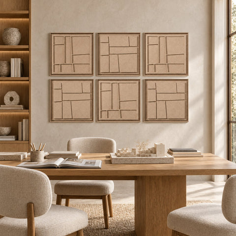 Interior with FeltArt 'Modura' set of 6 panels in the color pale sand, 60x60, second view.