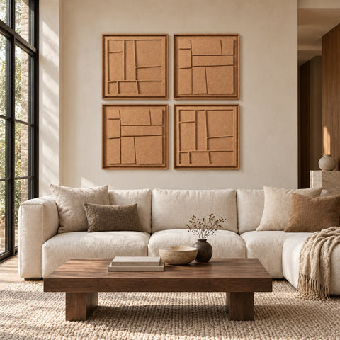 Interior with FeltArt 'Modura' set of 4 panels in the color soft dune, 60x60, second view.