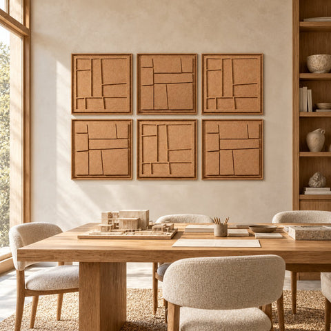 Interior with FeltArt 'Modura' set of 6 panels in the color soft dune, 60x60.