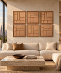 Interior with FeltArt 'Modura' set of 6 panels in the color soft dune, 60x60, second view.