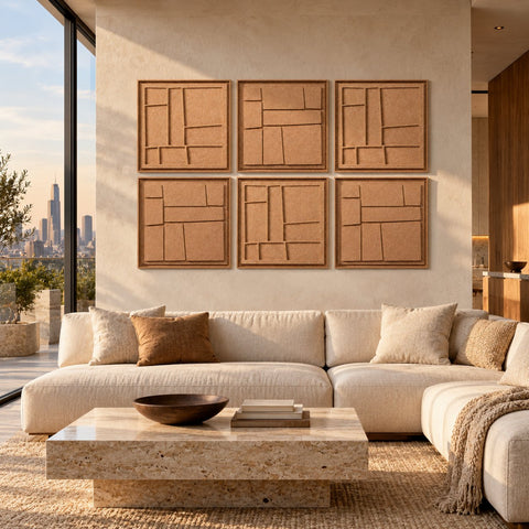 Interior with FeltArt 'Modura' set of 6 panels in the color soft dune, 60x60, second view.