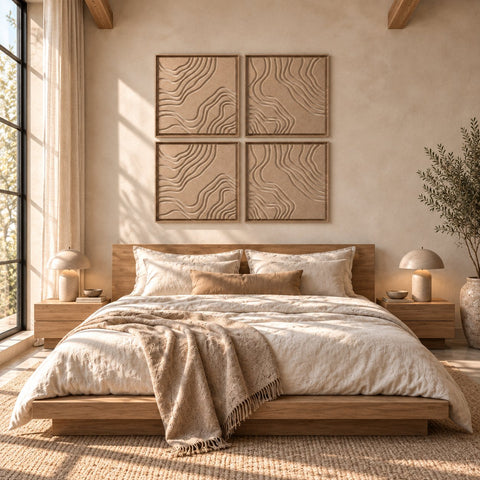 Interior with FeltArt 'Naturale' set of 4 panels in the color pale sand, 60x60.