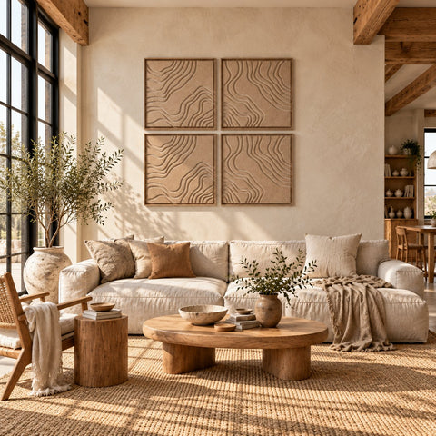 Interior with FeltArt 'Naturale' set of 4 panels in the color pale sand, 60x60, second view.