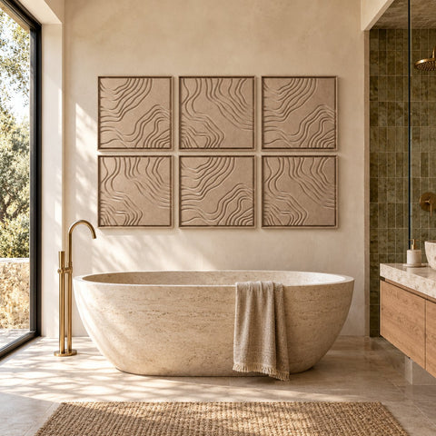Interior with FeltArt 'Naturale' set of 6 panels in the color pale sand, 60x60, second view.