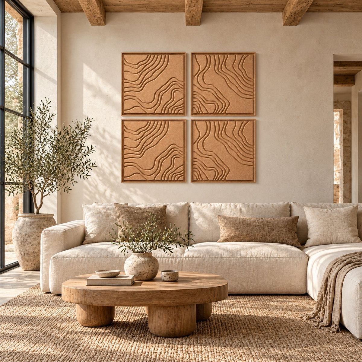 Interior with FeltArt 'Naturale' set of 4 panels in the color soft dune, 60x60.