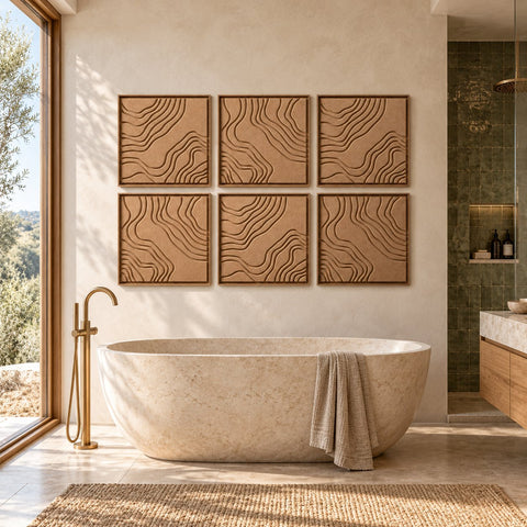 Interior with FeltArt 'Naturale' set of 6 panels in the color soft dune, 60x60.